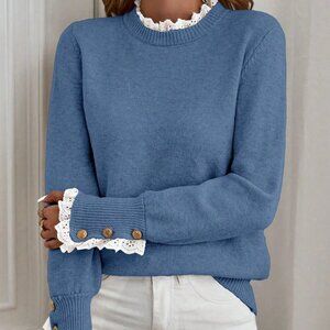 Blue Casual Elegant Women's Long Sleeve Contrast Embroidered Floral Sweater